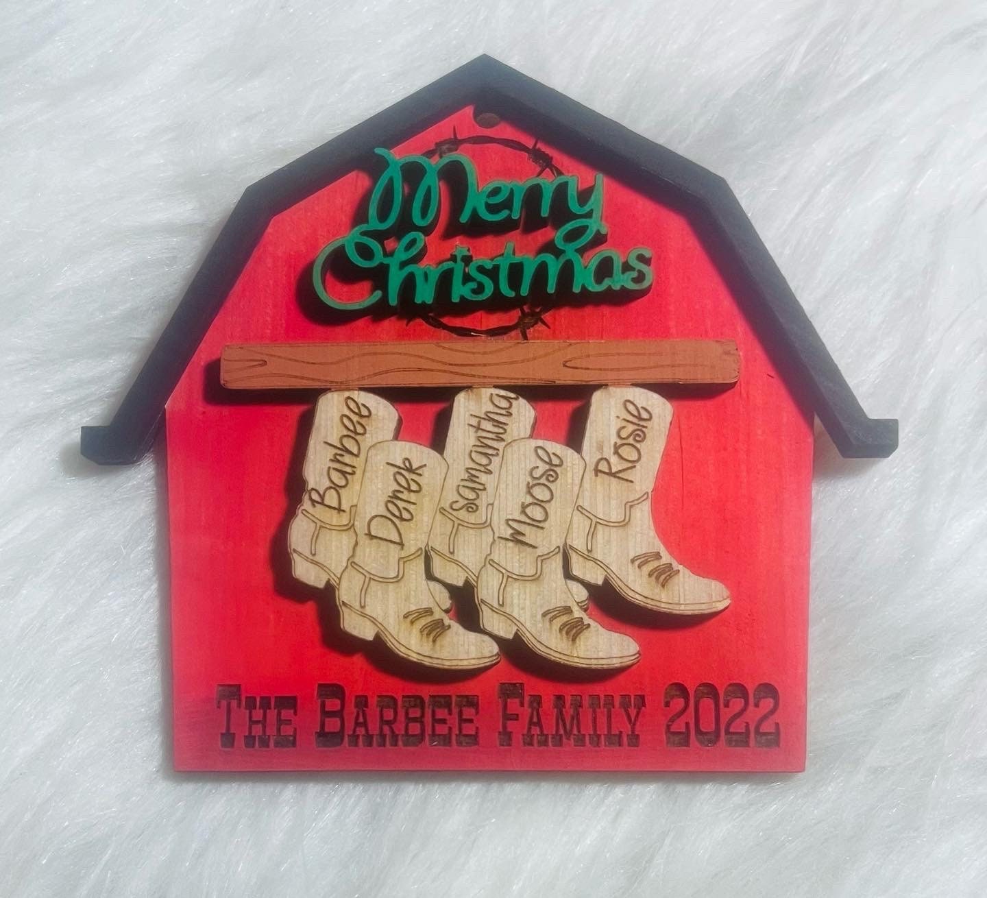 Personalized Family Boot Barn Christmas Ornament, Handmade Wood