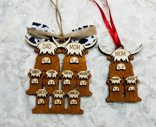 Personalized family stocking ornament Christmas highland cow  tree
