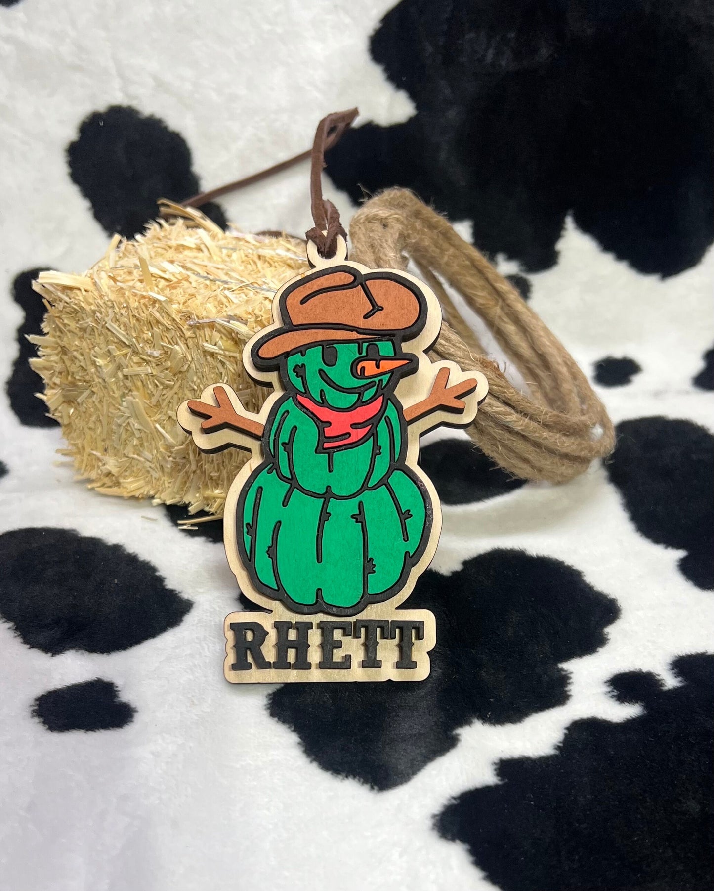 Personalized cactus snowman ornament car charm