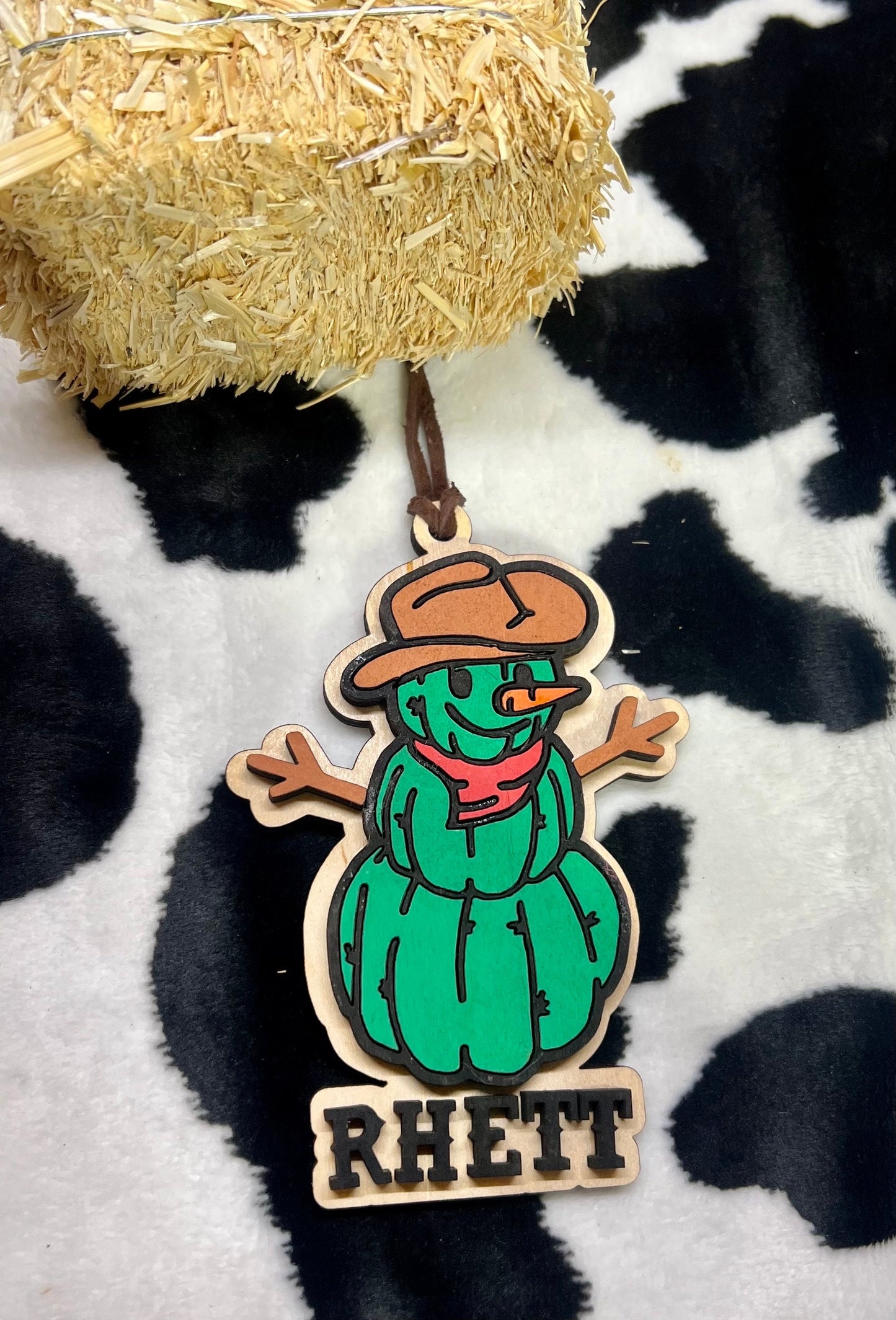 Personalized cactus snowman ornament car charm