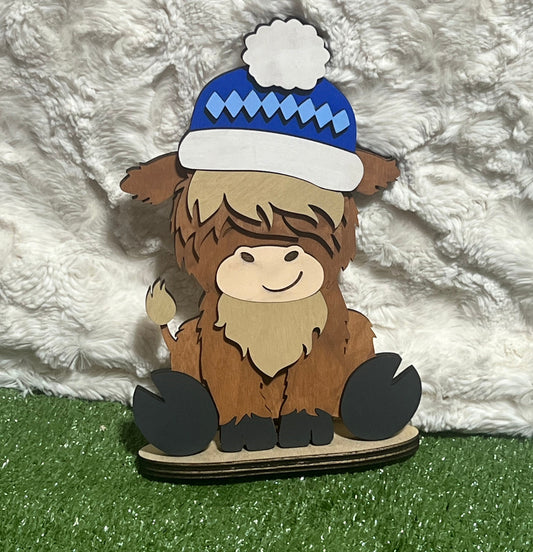 Hand Painted Highland Cow Shelf Sitter with Interchangeable Hats