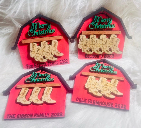 Personalized Family Boot Barn Christmas Ornament, Handmade Wood