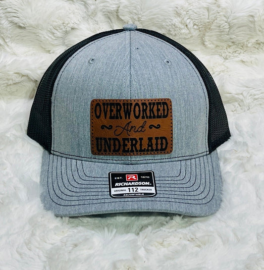 Overworked and underlaid leatherette patch Trucker Hat Cap Men gift Funny